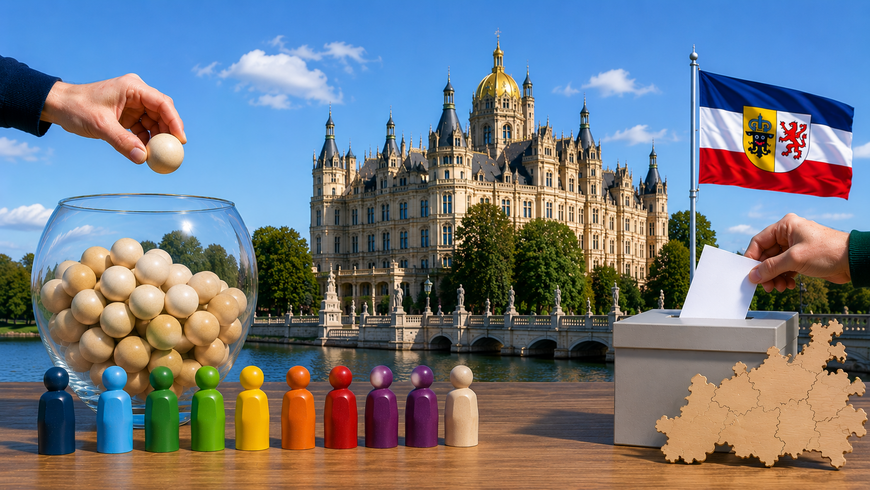 Eine symbolische Darstellung von Bürgerräten und Wahlen in Mecklenburg-Vorpommern: Im Vordergrund steht eine Glasschale mit Holzkugeln für die zufällige Auslosung, davor eine Reihe verschiedenfarbiger Figuren. Rechts wird ein Stimmzettel in eine Wahlurne gesteckt, daneben liegt eine hölzerne Karte Mecklenburg-Vorpommerns. Im Hintergrund ist das Schweriner Schloss als Sitz des Landtags zu sehen. Das Motiv verbindet damit ausgeloste Bürgerbeteiligung und parlamentarische Demokratie.